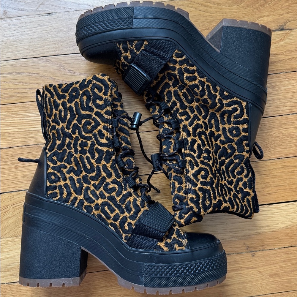 Converse Black and Brown Leopard Print Combat Boots - Picture 3 of 6